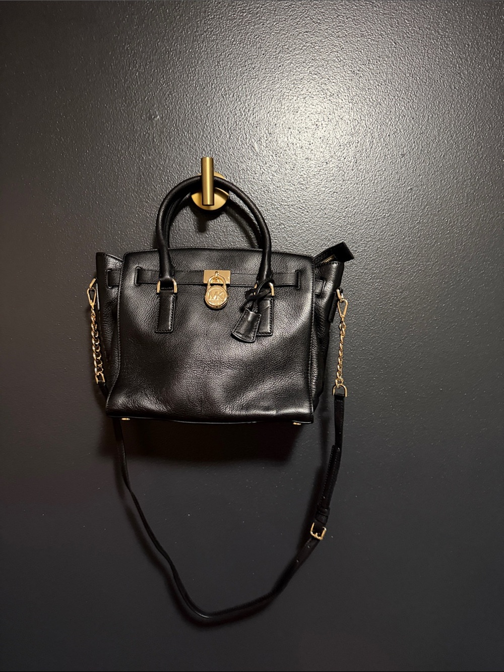 MICHAEL Michael Kors Hamilton Black Pebbled Leather Satchel Bag size medium